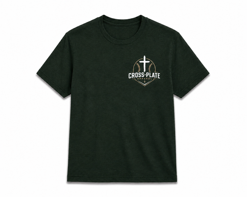 Cross-Plate Apparel Called Tee – dark green tee featuring Cross-Plate baseball cross logo on left chest.