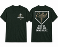 Cross-Plate Apparel Called Tee – dark green tee showing front Cross-Plate logo and back home plate graphic with Step Up. Trust God. Swing Boldly.