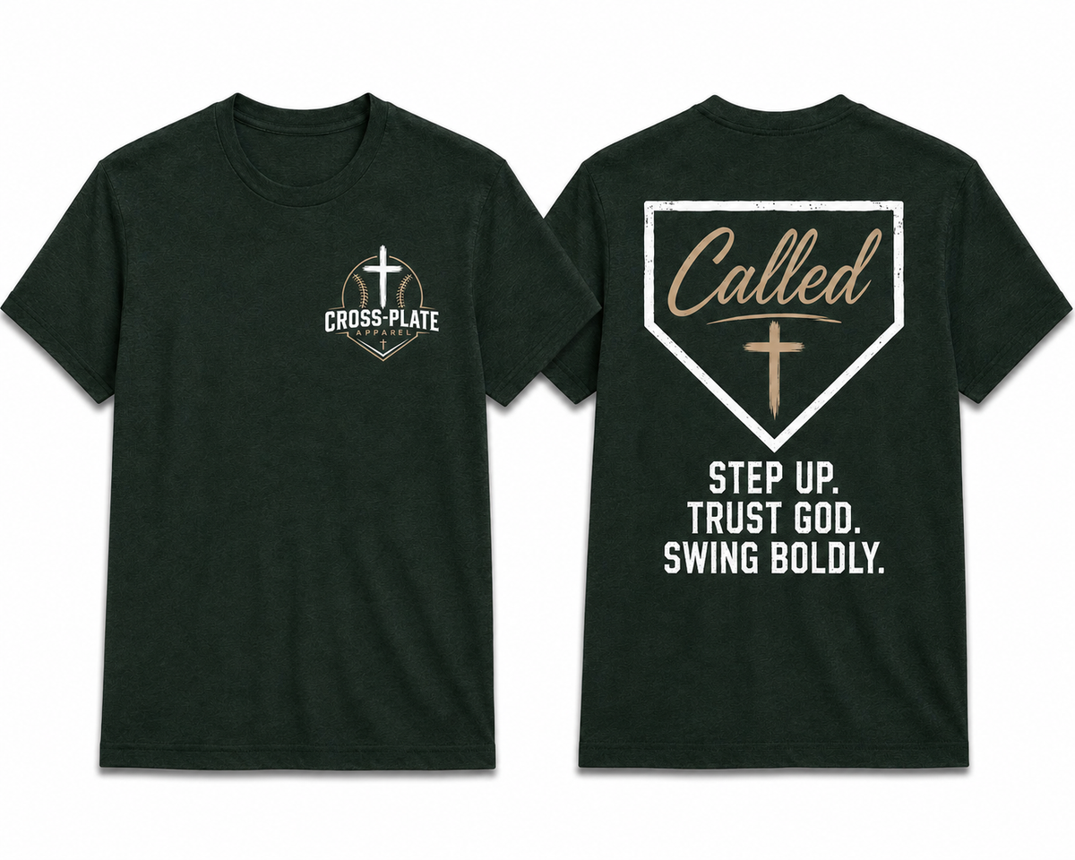 Cross-Plate Apparel Called Tee – dark green tee showing front Cross-Plate logo and back home plate graphic with Step Up. Trust God. Swing Boldly.