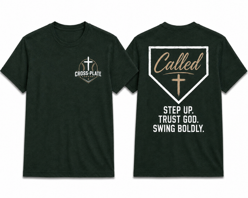 Cross-Plate Apparel Called Tee – dark green tee showing front Cross-Plate logo and back home plate graphic with Step Up. Trust God. Swing Boldly.