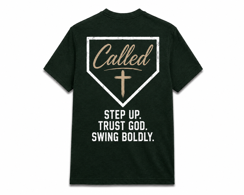 Cross-Plate Apparel Called Tee – back view with home plate graphic reading Called with cross and Step Up. Trust God. Swing Boldly.