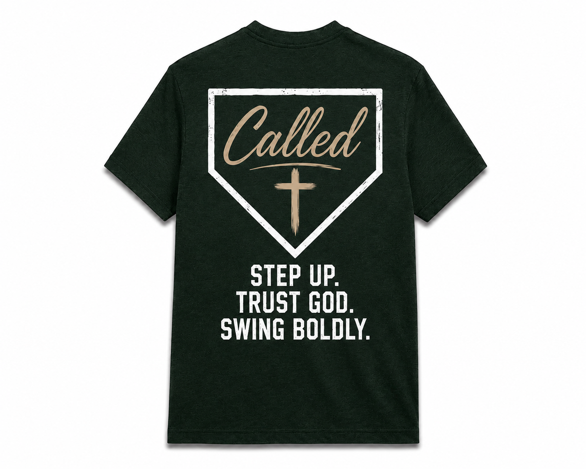 Cross-Plate Apparel Called Tee – back view with home plate graphic reading Called with cross and Step Up. Trust God. Swing Boldly.